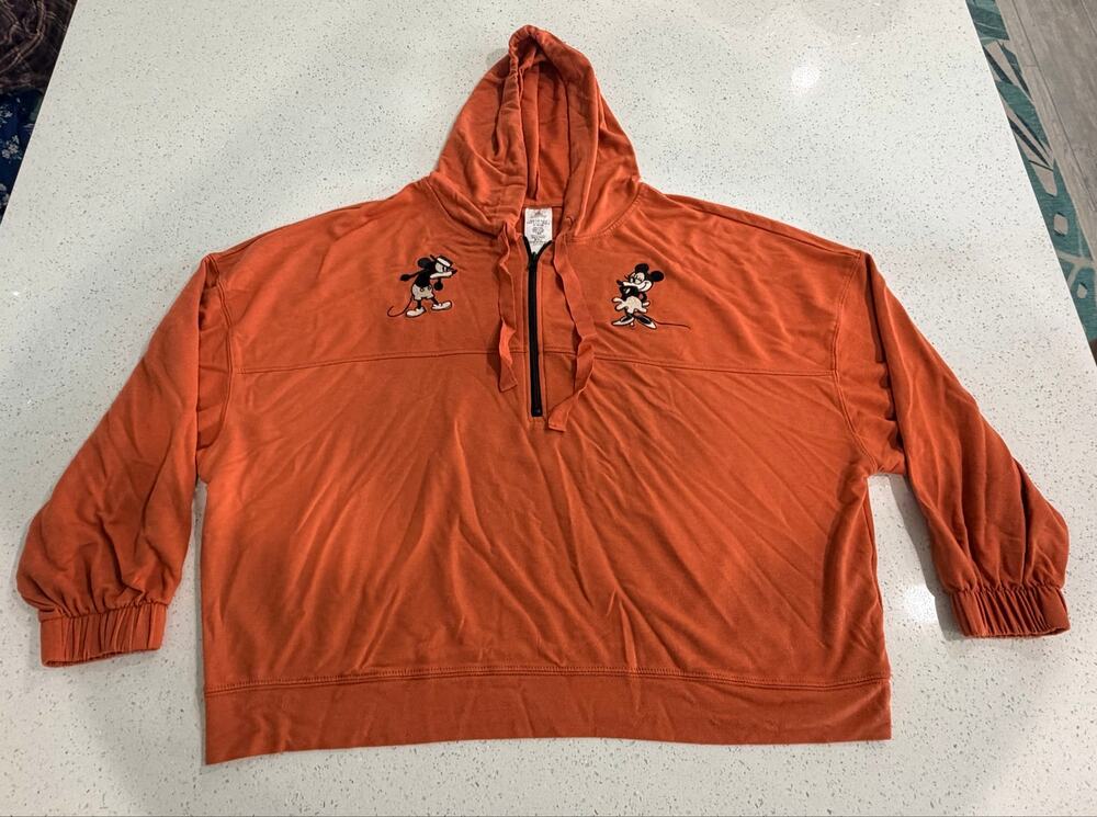 Disney Mickey Minnie Retro Half Zip Hoodie Womens 1X Rust Orange Embroidered